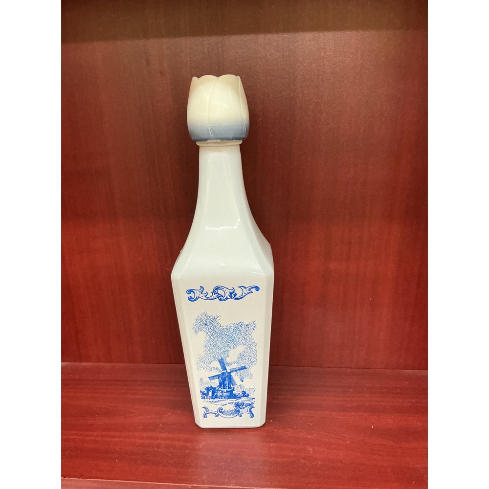 Vintage Vandermint Liqueur Bottle White Milk Glass Blue Delft Windmill Tulip Top